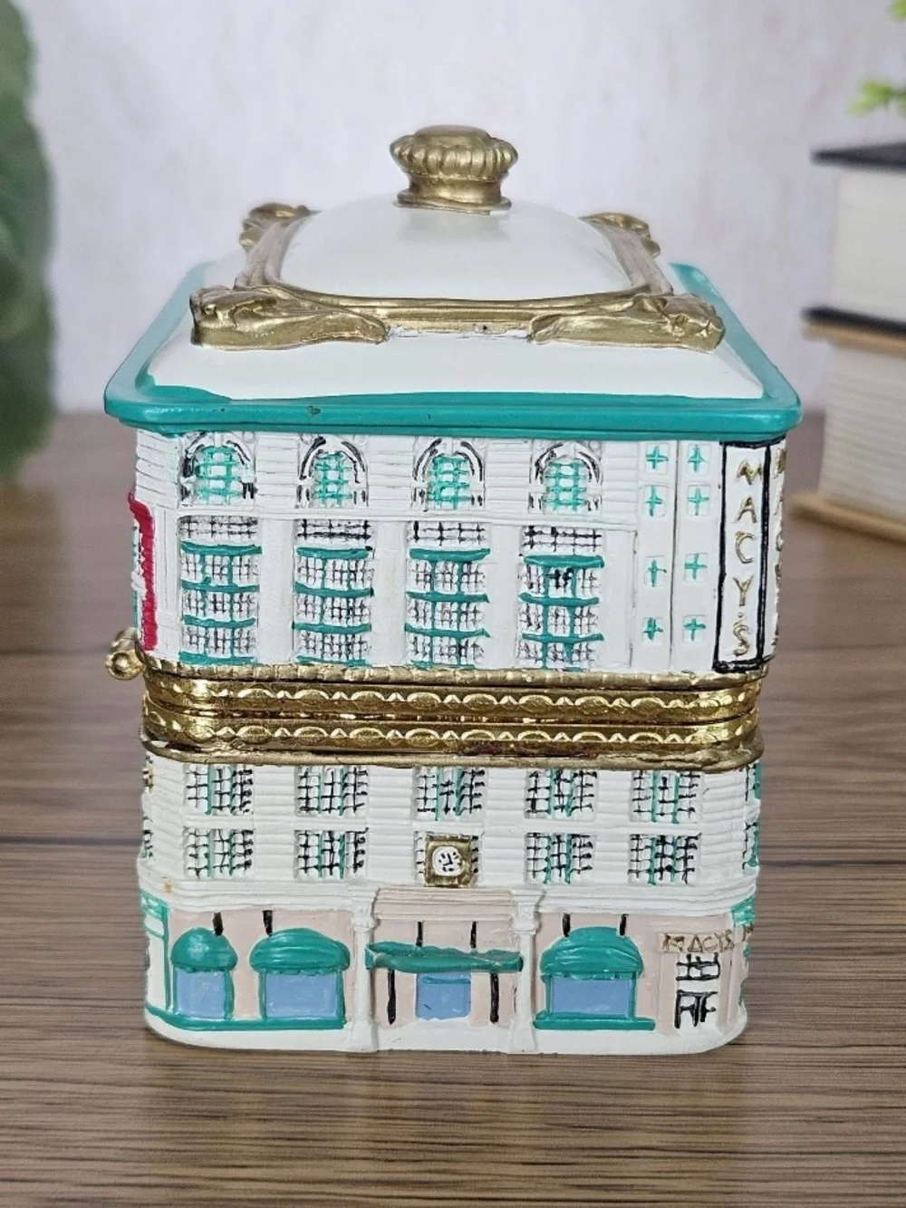 Macy's Ceramic Trinket Box in White, Teal & Gold Accents year 2000